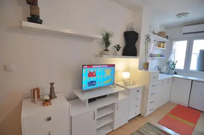 a living room with a tv and white cabinets at Charming studio near downtown in Belgrade