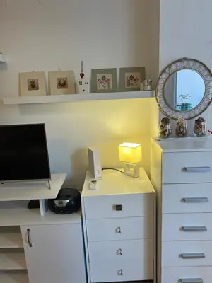 a bedroom with a desk with a computer and a mirror at Charming studio near downtown in Belgrade