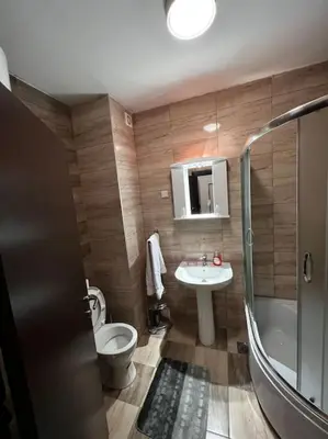 a bathroom with a toilet a sink and a shower at Biser apartman in Belgrade