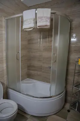 a bathroom with a shower with a toilet and towels at Biser apartman in Belgrade