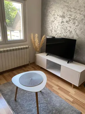 a living room with a tv and a coffee table at Jasna in Zemun