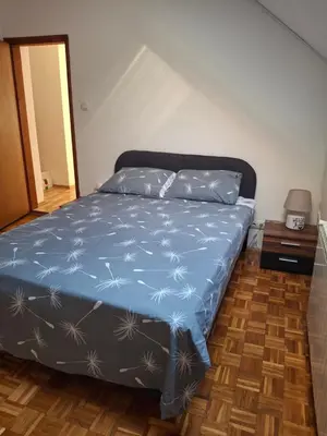 a bedroom with a bed with a blue comforter and pillows at Jasna in Zemun