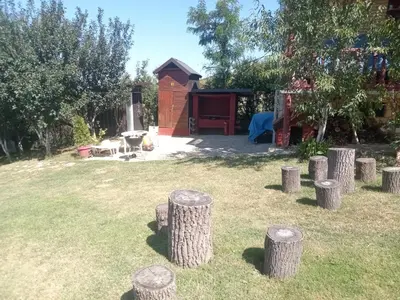 a group of tree stumps in a yard with a grill at Sava Land in Belgrade