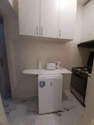 a small kitchen with a counter and a refrigerator at Apartman brdo in Belgrade