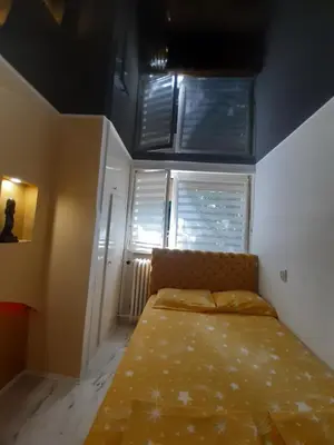 a bedroom with a bed in a room with a window at Apartman brdo in Belgrade
