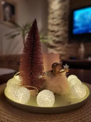 a plate with a miniature christmas tree on a table at Luxury Apartment in Mladenovac