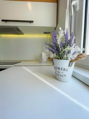 a flower pot sitting on a window sill with purple flowers at Downtown Heaven in Belgrade