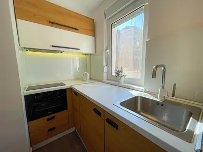a small kitchen with a sink and a window at Downtown Heaven in Belgrade