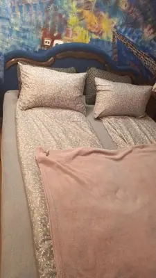 a bed with pillows and a painting on the wall at Maravilja in Filmski Grad