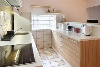 a small kitchen with a sink and a counter at Red Tree Apartment in Belgrade