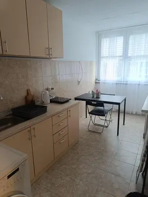 a kitchen with a black table and a table and a table at Apartman Vuković in Novi Beograd