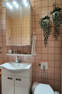 a bathroom with a sink and a mirror and a toilet at Astra M in Vračar (historical)