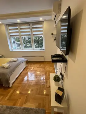 a bedroom with a bed and a flat screen tv at Tesla View Apartment in Belgrade
