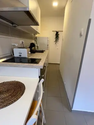 a kitchen with a counter and a refrigerator at Tesla View Apartment in Belgrade