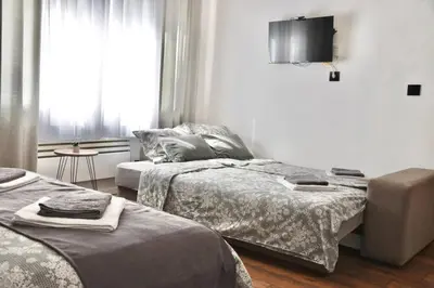 a bedroom with two beds and a tv on the wall at Apartment in Belgrade with small parking space in Belgrade
