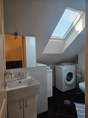 a bathroom with a sink and a washing machine at Belgrade Loft Apartments in Novi Beograd