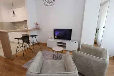 a living room with a couch and a tv at Savada PINK - studio with parking and WiFi, parking 5 eur per day in Belgrade