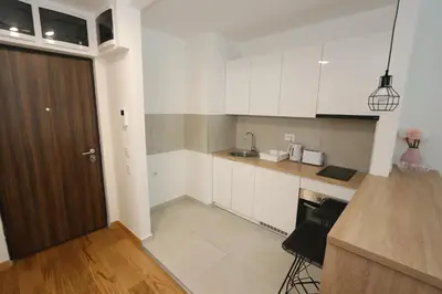 a kitchen with white cabinets and a brown door at Savada PINK - studio with parking and WiFi, parking 5 eur per day in Belgrade