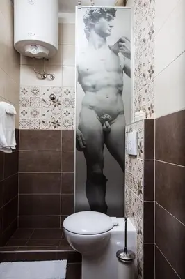 a bathroom with a picture of a naked woman on the wall at Dorcol Rooftop Apartment in Belgrade