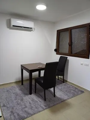 a dining room with a table and two chairs on a rug at Garden Apartment New Belgrade in Novi Beograd