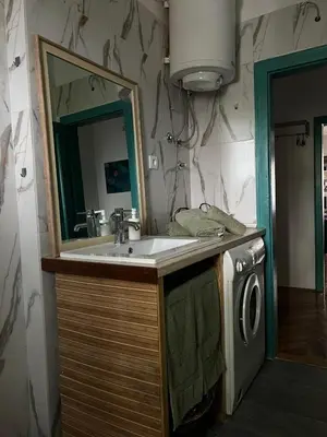 a bathroom with a sink and a washing machine at Queen of the arts in Belgrade