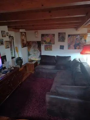 a living room with a leather couch and a television at Maravilja in Filmski Grad