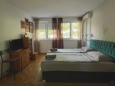 a bedroom with two beds and a television at Apartman Sasha 2 in Belgrade