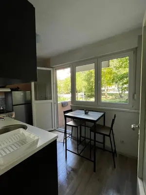 a kitchen with a table and two chairs and a window at Apartman Sasha 2 in Belgrade