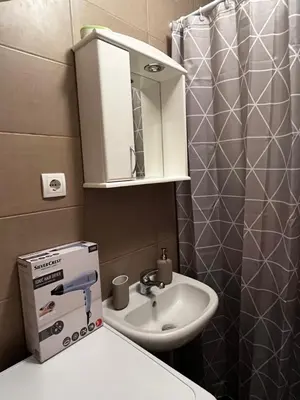 a small bathroom with a sink and a mirror at Apartman Sasha 2 in Belgrade