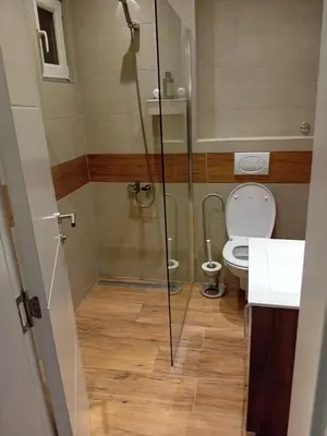 a bathroom with a shower and a toilet at Apartman centar SD in Smederevo