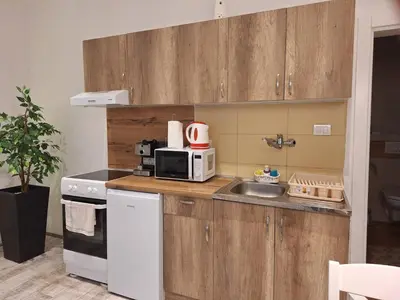 a small kitchen with a sink and a microwave at Apartman centar SD in Smederevo
