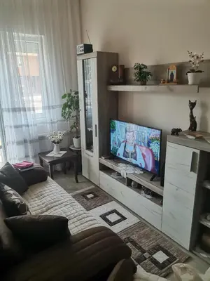 a living room with a couch and a flat screen tv at Topli Dom Obrenovac in Obrenovac