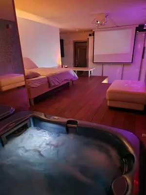 a room with a hot tub and a bed and a projection screen at Jacuzzi Vaki Apartment in Belgrade