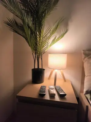 a table with two remote controls and a lamp at Apartman Quality in Voždovac