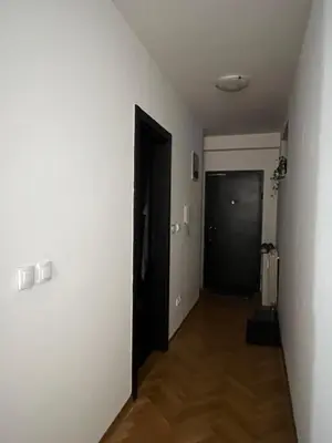 a hallway with a black door and a wooden floor at Lovely flat in Vračar (historical)