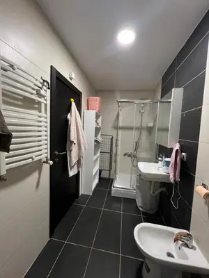a bathroom with a sink and a toilet and a shower at Lovely flat in Vračar (historical)