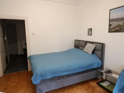 a bedroom with a bed with a blue blanket at Sofija 1 in Vračar (historical)