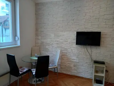 a living room with a tv on a brick wall at Sofija 1 in Vračar (historical)