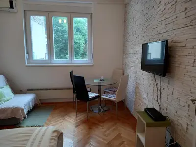 a room with a table and a tv on a brick wall at Sofija 1 in Vračar (historical)