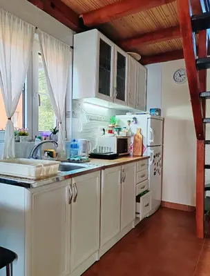a kitchen with white cabinets and a white refrigerator at Dadula na Dunavu in Kovin
