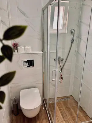 a bathroom with a toilet and a glass shower at Old Gold Downtown Belgrade in Belgrade