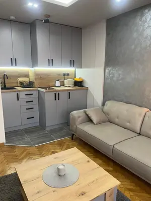 a living room with a couch and a table at Central Sky View Apartment in Belgrade