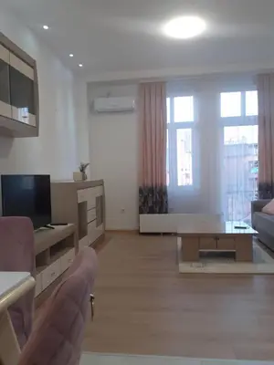 a living room with a couch and a tv at Beograd /Slavija - fontana 70 m2 in Sajmište