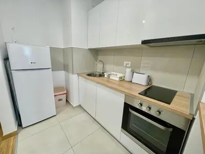 a kitchen with a white refrigerator and a sink at Green - stan na dan studio Novi Beograd, parking 5 evra dan in Belgrade
