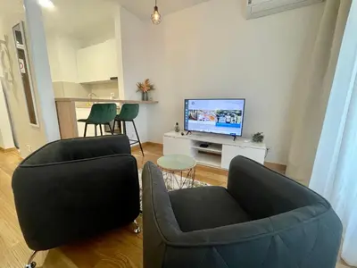 a living room with two chairs and a flat screen tv at Green - stan na dan studio Novi Beograd, parking 5 evra dan in Belgrade