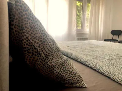 a bed with a large pillow on it with a window at Comfortable and spacious apartment in one of Belgrade’s most exclusive neighbourhoods in Belgrade