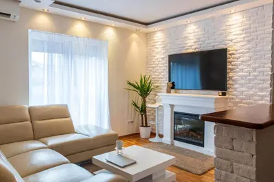 a living room with a couch and a fireplace at Royalux Zemun Residences in Belgrade