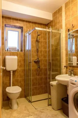 a bathroom with a shower and a toilet and a sink at Royalux Zemun Residences in Belgrade