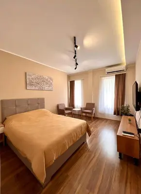 a bedroom with a bed and a living room at Dani Lux Belgrade Center Studio Apartment in Belgrade