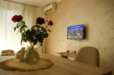 a vase of roses sitting on top of a table at Apartman San in Ruma